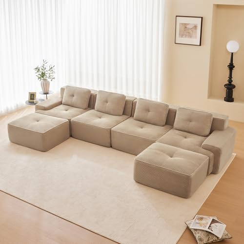 Sapgaks Canapé modulable désossé (Options en U,en L,2 à 4 Places),canapé d'angle Convertible en Velours côtelé,74cm Assise Profonde,Mousse 32D Haute résilience,Base antidérapante
