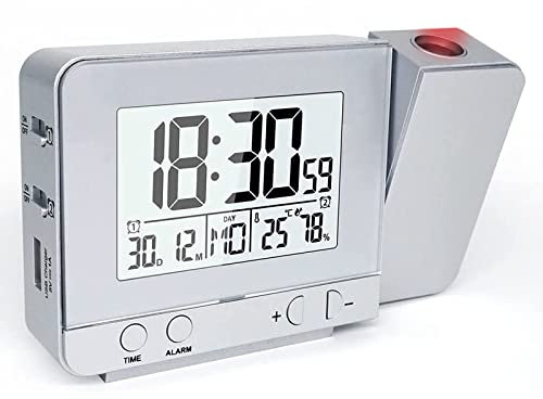 VORRINC Projektionswecker Digital Uhr mit USB Anschluss, Innentemperaturanzeige und Datumsanzeige, 4 Helligkeiten, Dual-Alarm, Kalender, für das Home Office, Kinderzimmer (Silber)