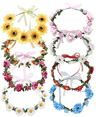 8 Stück Boho-Blumenkranz mit Schleife, Halo-Haarbänder, Haargirlande, Hochzeit, Braut-Kopfschmuck, Tiara, Sonnenblume, Gänseblümchen, Hibiskus, Hawaii-Party-Zubehör für Kinder, Frauen und Mädchen