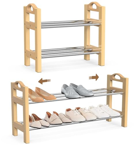 LEMIKKLE Shoe Rack, Oak Wooden Shoe Storage Rack, 2 Tier Stainless Steel Expandable Design, Ideal for Small Shoe Rack for Narrow Space, Suitable for Entrances, Garages, Bedrooms, Cloakrooms