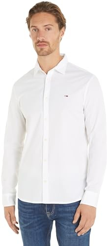 Tommy Jeans Uomo Camicia Poplin Shirt Maniche Lunghe, Bianco (White), XXS