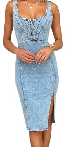 TKMUNY Abito Midi in Denim da Donna, Senza Maniche, con Spacco Laterale, Bodycon, con Scollo a Scolletto, Blu, L