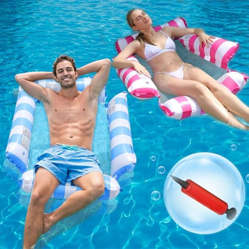 2 Pack Inflatable Pool Floats Hammock, 4-in-1 Multi-Purpose Portable Water Pool Floats with a Manual Air Pump, Pool Chairs to Beach, Swimming Pool, Exercise Saddle, Hammock, Drifter (Blue, Pink)
