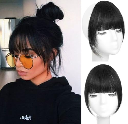 ORIGEN Clip in Bangs Real Human Hair Clip on Wispy Bangs Fringe with Temples Hairpieces Fake Front Bangs Extensions for Women Jet Black Color