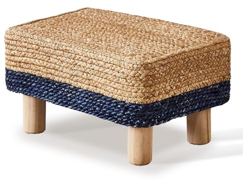 Wimarsbon Natural Seagrass Footstool Ottoman Rectangular Footrest Pouf Ottomans with Wooden Legs Hand Weave Step Stool for Living Room Bedroom Entryway Blue