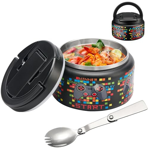 BABHAMNESS 13.5oz Soup Thermo for Hot Food Kids Insulated Vacuum Food Jar with Buckle Lid,Wide Mouth Leakproof Stainless Steel Lunch Container with Spoon-Black Game