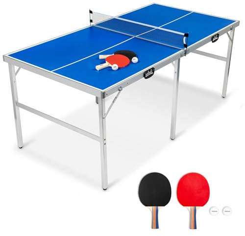 6ft Mid-Size Table Tennis Table Foldable & Portable Ping Pong Table Set for Indoor & Outdoor Games with Net, 2 Table Tennis Paddles and 2 Balls Blue