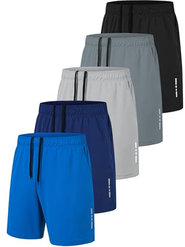 xtuwkzo Pantalones Cortos Hombre Deporte Gym con Bolsillos, Mens Shorts Deportivos Bermudas Hombre Pantalón Corto Deporte Pantalon Running, Pack de 5, Negro/Gris Oscuro/Azul Marino/Gris Claro/Azul M