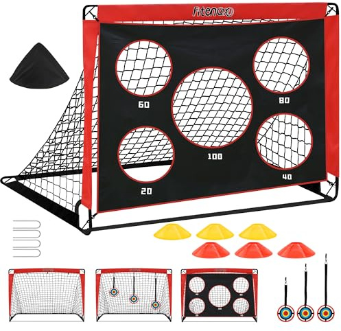 Fitencexu But de football pour enfants avec cadre en fibre de verre – Mur de but à 5 trous + 3 cibles et 6 obstacles. Kit résistant aux intempéries 120 x 90 cm pour entraînement de jardin, pliable