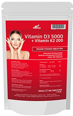 Vitamin D3 5000 I.E + Vitamin K2 200mcg Menaquinon MK7 Depot - 180 Tabletten - Alle 5 Tage eine Tablette, Vegetarische Tabletten Steiner