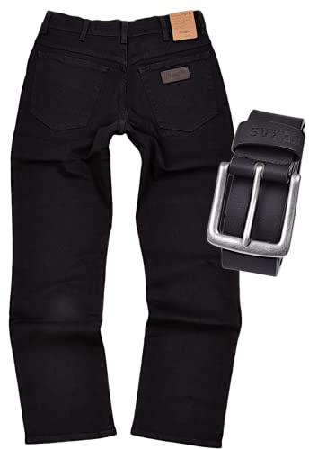 Wrangler Texas Stretch Herren Jeans Regular Fit inkl. Gürtel (W34/L34, Black)