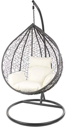 KIDEO Komplettset: großer Hängesessel mit Gestell & Kissen, XXL Größe, Korbsessel, Poly-Rattan (Korb & Gestell: grau, Kissen: Elfenbein Nest (0050_Ivory))