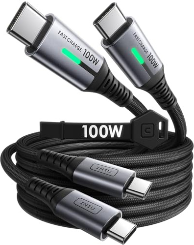 INIU USB C to USB C Cable, (6.6ft, 2-Pack) 100W USB C to C Fast Charging Cord, Braided Type C Charger Cable for iPhone 16 Pro Max 15 Plus Samsung Galaxy S24 S21 S10 Note 10 MacBook iPad Kindle etc.