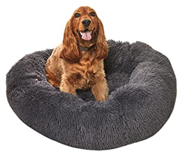 Sleepdown Shaggy Round Plush Dog Cat Calming Super Soft Doughnut Bed, Anti Slip Bottom, Machine Washable - Small (40cm x 40cm x 18cm) - Charcoal Grey