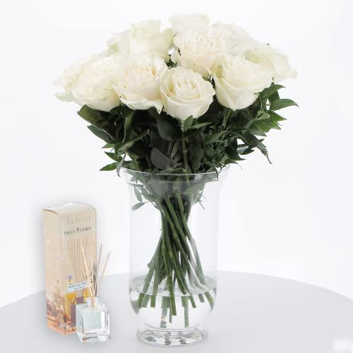 KENTIS - Bouquet 12 Rose Bianche con Diffusore per Ambiente - Mazzo Fiori Veri e Freschi a Domicilio con Biglietto Personalizzato incluso Idea Regalo per Lei per Lui San Valentino Anniversario