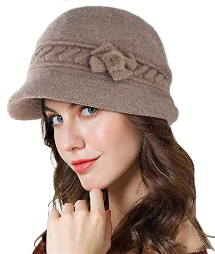 Adigaber Cloche Angola Robe Bonnet en Tricot Chaud Femme Hiver Élégant Chanvre Fleurs Béret Chapeau Casquettes avec Chapeau de Soleil