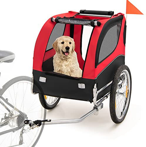 GYMAX Remorque de Vélo pour Chien Chat, Porte-Animaux avec Roues Universelles, 3 Portes Zippées, Pare-Brise, Porte-vélos Pliable pour Chien&Chat de Petite à Moyenne Taille, Rouge