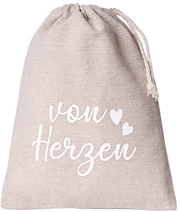 | 3 Geschenkbeutel mit Gruß, Leinensäckchen, Stoffbeutel mit Kordel,Geschenkverpackung aus Leinen-Baumwollstoff - 21x17 cm - (von Herzen)