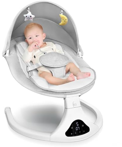 Electric Baby Swing with Remote Control - 5 Natural Motion Speeds, Detachable Seat Pad | Portable Infant Swing for Indoor/Outdoor Use (0-12M, 20lbs) (Grey)
