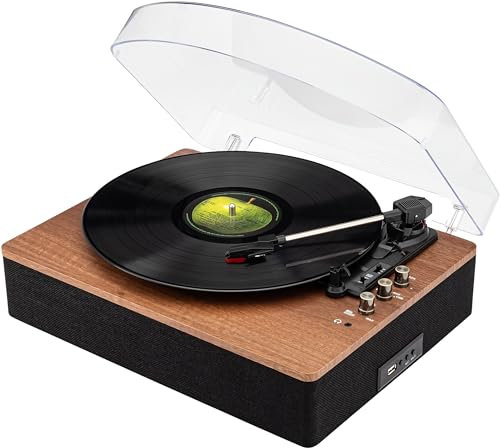 SoundBeast Retro skivspelare i trä med 3-växlad vinylskivspelare, inbyggda stereohögtalare, Bluetooth, 3,5 mm aux-ingång, USB-uppspelning och USB-inspelning till MP3
