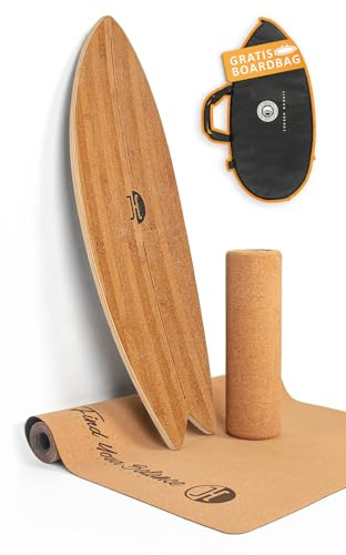 JUCKER HAWAII Balansbräda Ocean Rocker Bamboo | Bambu Balansbräda med unik rocker form | Inomhus Surf Balansbräda | Balansbräda med korkrulle och matta