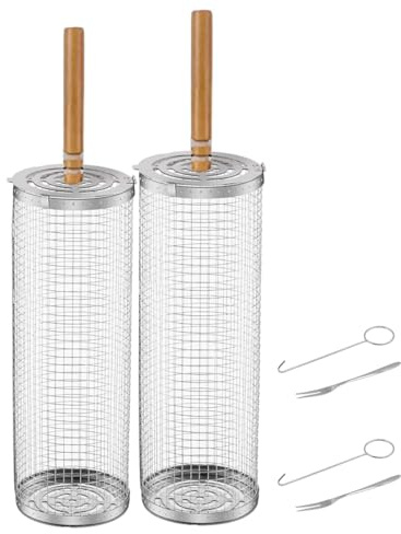 Sarini 2 x grillkorgar trähandtag avtagbart rostfritt stål 304 nättillbehör grillrör grönsaker räkor grill camping picknick