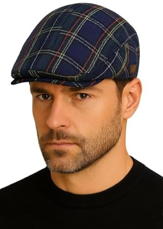 Novella Noori Men's Tartan Wool Flat Cap - Warm Tweed Flatcap with Quilted Lining, Checked Pattern and Sewn Brim - Scottish Style Vintage Flat Caps for Outdoor and Casual Wear - Navy Blue, L-XL
