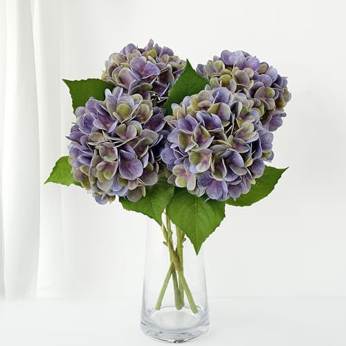 ZYTUYO 4 hortensias artificiales de 19.6 pulgadas, color morado y verde, de seda, látex, realista, hortensias grandes, hojas de tallo largo, plantas para jarrón alto, jardín, mesa de Navidad, arreglos