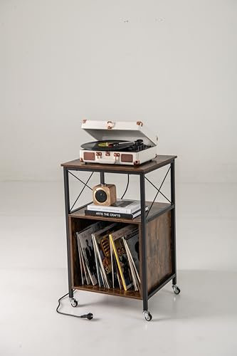 GOPLUS Meuble Platine Vinyle avec Station de Charge Intégrée, 2 Prises AC, 1 USB, et 1 Type-C, Support pour Tourne-Disque, 2 Roues Verrouillables, Style Industriel pour Vinyles et CD, 50x45x82cm