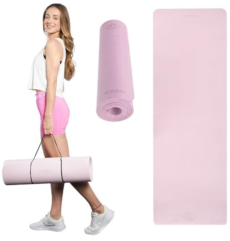 TREXO Tapis de fitness rose clair - 183 x 61 cm - 10 mm d'épaisseur - En TPE écologique avec surface antidérapante - Tapis de gymnastique léger pour la musculation, le yoga, le pilates et les