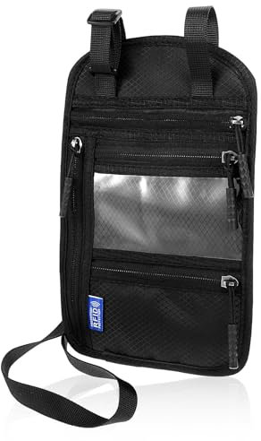 Nogeqi Premium Brustbeutel mit RFID Schutz - Wasserdicht Brusttasche, Diebstahlsicher Halsbeutel Reisegeldbeutel Verstellbarer Halsriemen für Reisepass Kreditkarten Smartphone Unisex (Schwarz)