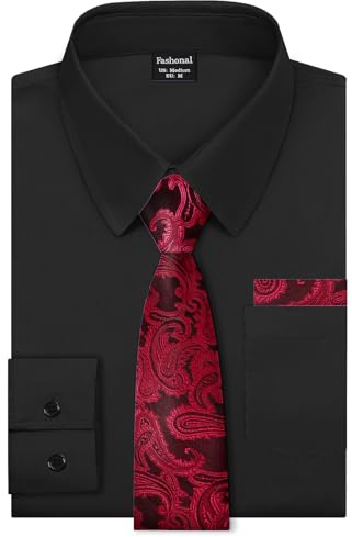 Fashonal Mens Valentines Shirt, Mens Dress Shirt and Tie Set Black Shirts for Men Button Down Long Sleeve, Black Size XL