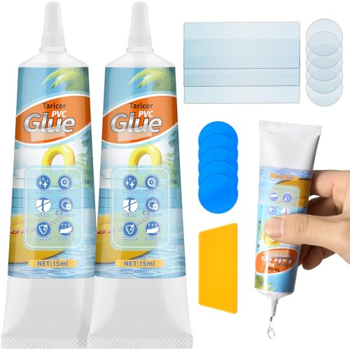 Taricor Set di riparazione per piscina impermeabile da 30 ml (2 x 15 ml) con 13 patch in PVC (Trans/Blu) e spatola, set di riparazione per barche, piscine, materassi ad aria, tende