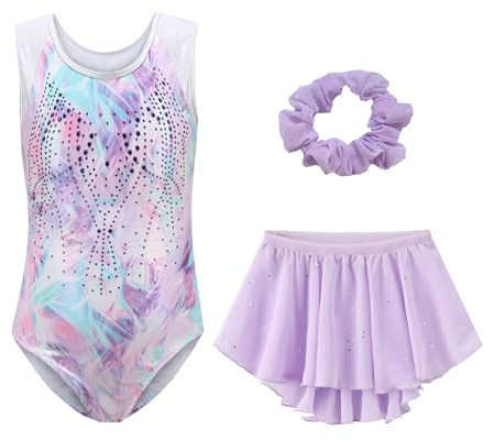 SEAUR Gymnastikanzug Mädchen Turnanzug Ärmellos Gymnastik Trikot mit Rock und Haarband Kinder Leotard Set Glitzer Mehrfarbig - 7-8 Jahre