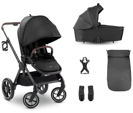 hauck Comfort N Care Set, Black - 2in1 Kinderwagen mit Gummireifen, Wanne mit Memory Knöpfe ab Geburt, Wendbarer Sitz mit Beindecke & Liegefunktion bis 22 kg, Höhenverstellbar, inkl. Autositz Adapter