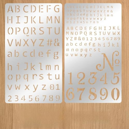 WJIAAA 2 Pcs Metal Stencils for Wood Burning, Stencils for Engraving Pen & Wood Burning, 4x7 Inch Reusable Alphabet Number Font Templates for Metal Leather Glass DIY Crafts