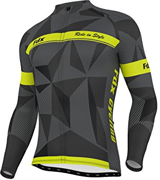 FDX Mens Classic Cycling Jersey Long Sleeve Thermal Cold Wear Racing Jacket (Black/Grey/Yellow, Large)