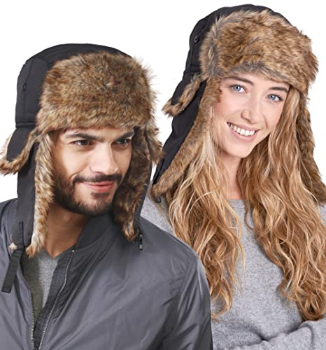 Tough Headwear Winter Trapper Hat - Mens Hats and Caps - Russian Ushanka Army Hat - Waterproof Winter Fur Cap with Ears - Earflap Hats for Men & Women - Ear Flaps Snow Eskimo Hat Black