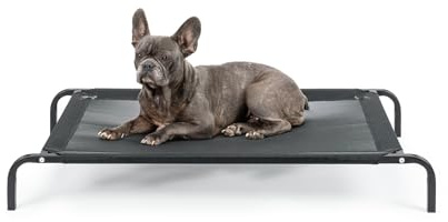 lionto Lit pour Chien surélevé d'extérieur, Couchage Stable pour Animaux avec Bonne Circulation de l'air, 106x62 cm, Housse Amovible en Maille Respirante, Cadre métallique Robuste, Noir