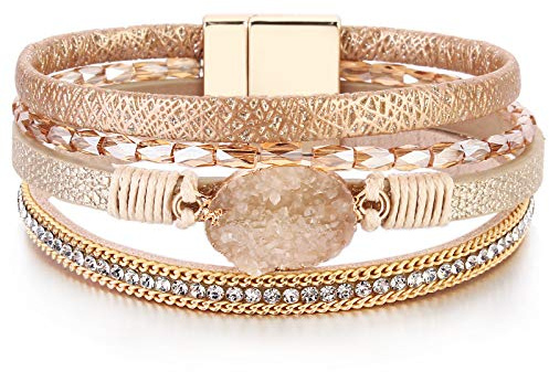 FANCY SHINY Boho Leather Wrap Bracelet Stackable Chunky Crystal Cuff Bracelets with Magnetic Clasp Cowboy Cowgirl Western Summer Beach Outfits Jewelry Gifts for Women (7.7, Gold)