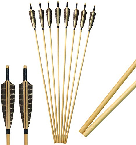 SHARROW 12pcs Tir à l'arc Flèches en Bois 31 Arbre de Flèches en Bois avec 5 Plumes de Flèche Naturelles pour Arc Classique Recurve Arc Longbow (Type 2)