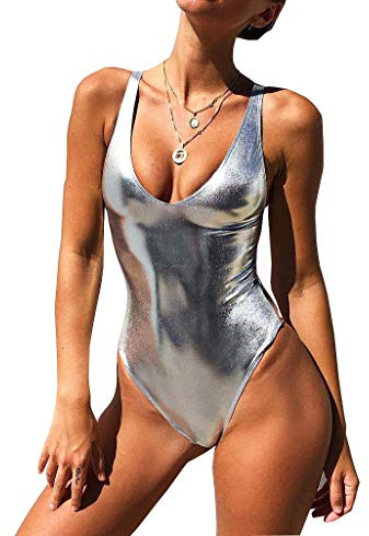 YAUASOPA - Costume da Bagno Intero da Donna, Sexy, Push-up, Taglio Alto, in Tinta Unita, con Glitter, Metallizzato, Argento Lucido., M