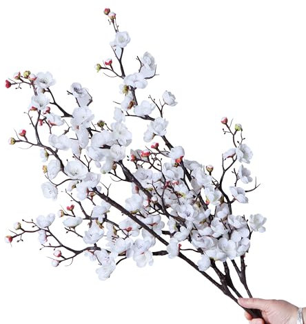 cn-Knight Lot de 3 Branches de Cerisier artificielles à Tige de 94 cm de Long avec bourgeons, Abricot Japonais réaliste pour décoration d'intérieur, Centre de Table, Bouquet de Mariage, Blanc