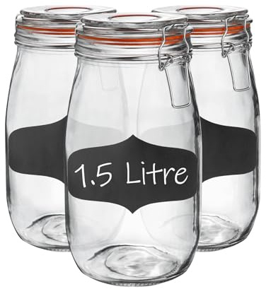 Argon Tableware Glass Jars with Airtight Metal Clip Lid & Chalkboard Stickers - 1500ml/50.7oz - 3 Pack - 4 Colour Seals - Round Container Preserving Jar for Pickling, Chutney, Jam, Coffee