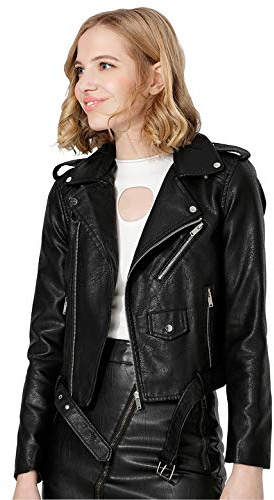Jhichic Women's Faux Leather Textured Short Moto Jacket Zip-up Slim PU Biker Coat with Pockets (Black, XXL)