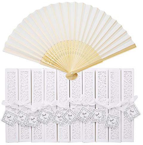 Anyasen Abanico Plegable de Mano Bambú, Abanicos Blancos de Tela para Invitados de Boda Fiesta (10 pz, con Caja, Cintas de Seda)