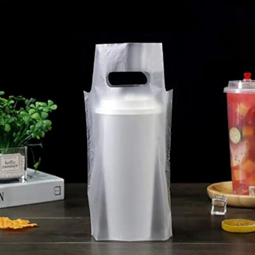 Portavasos desechables, 1 vaso, bolsa de plástico con asa, para bebidas calientes y frías, bolsas para tazas de café para servicio de alimentos (100 unidades de 16.3x10.2 cm)