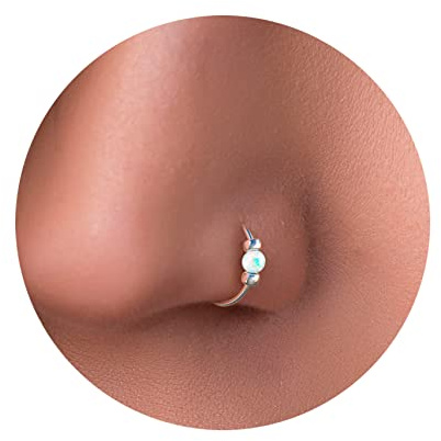 Jolliz Opal Nose Rings Hoops (White) – 7mm, 24 Gauge & 925 Sterling Silver Thin Tiny Classic Design, Handmade Nose Rings for Women, hypoallergenic Nose Piercings Jewelry for Any Occasion with Comfortable Fit