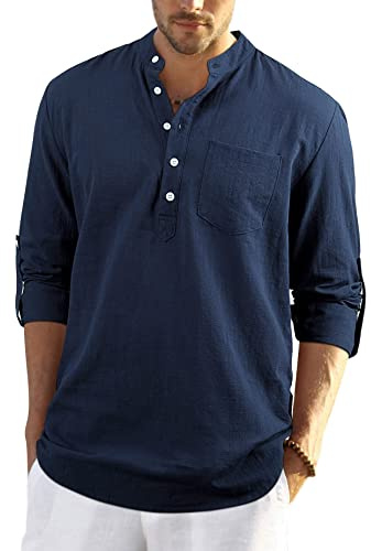 Enlision Estivi da Uomo Camicia in Cotone Lino a Manica Lunga con Bottoni Spiaggia Regular Fit Uomo Blu Navy Colore Puro Classico Lavoro Shirts L