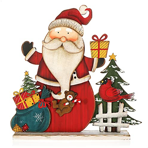 com-four® Espositore decorativo per Natale - Babbo Natale in legno da posare - Decorazione natalizia da decorare e regalare (Babbo Natale con regali - piccolo)